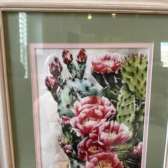 Vintage Signed‎ Newton Oil Painting Wood Frame Matte Desert Cacti Flower 21 X 25